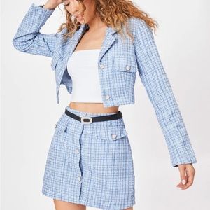 blue tweed collar cropped jacket and belted skirt set